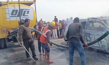पूर्वांचल एक्सप्रेसवे पर चलती कार में लगी आग, बाल बाल बचे सवार